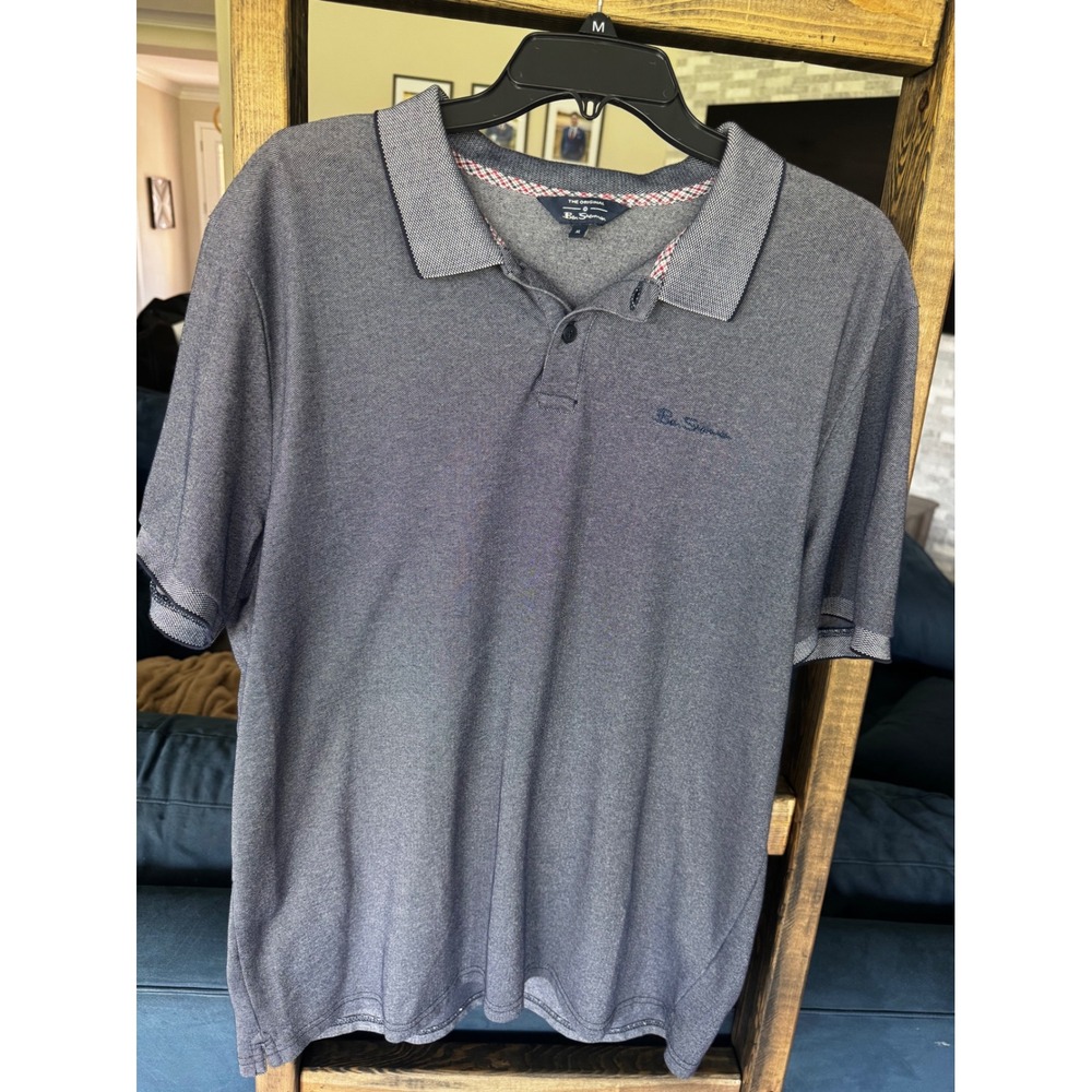 Ben Sherman Mens XL Navy Blue Micro Pattern Short Sleeve Polo Shirt Classic Fit
